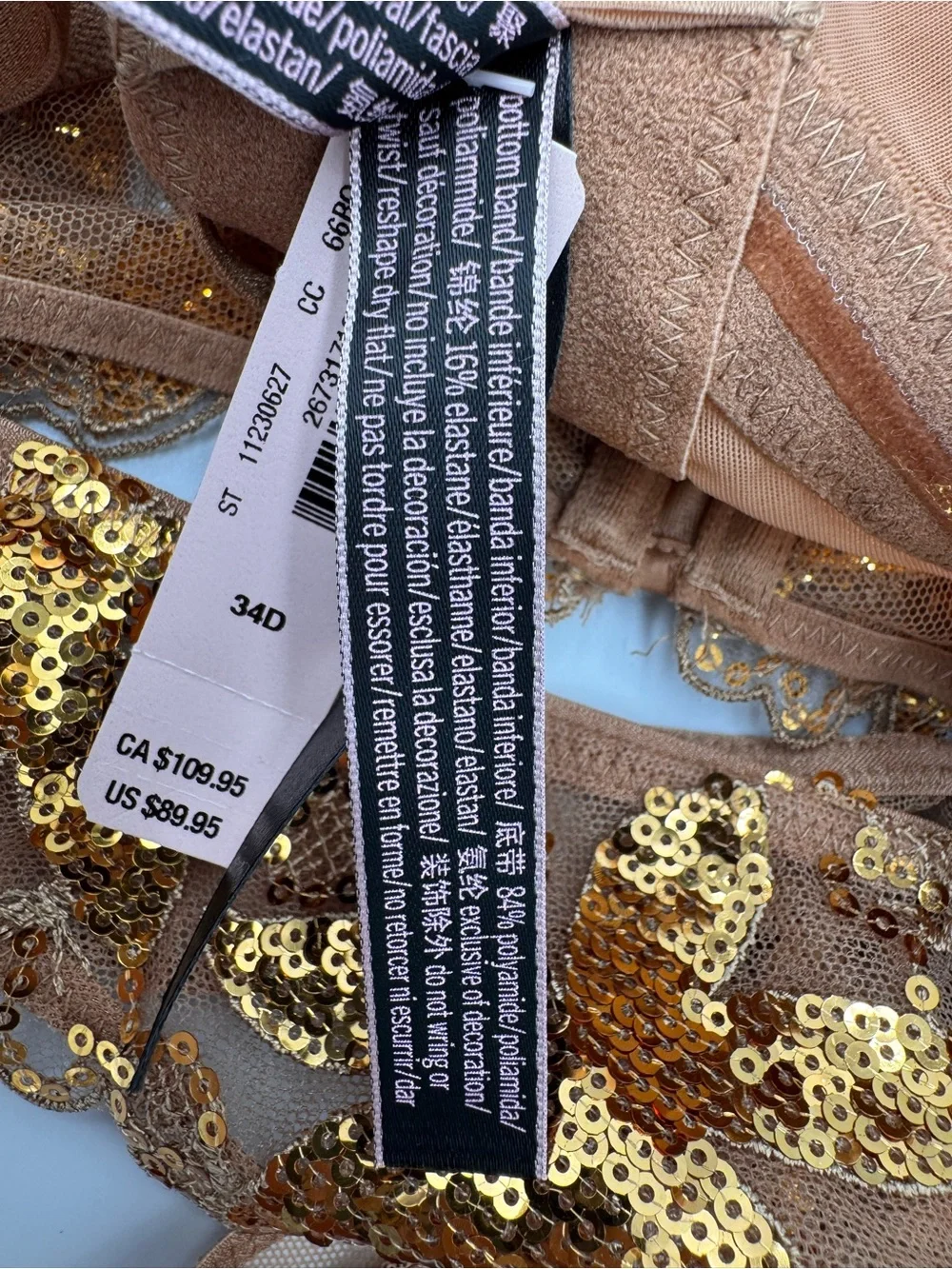 NWT Victoria’s Secret Very Sexy Gold Sequin Embroidered Lingerie Set 34D/M